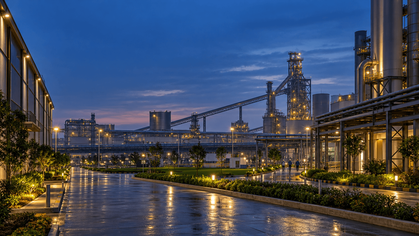 Modern integrated steel manufacturing campus at dusk